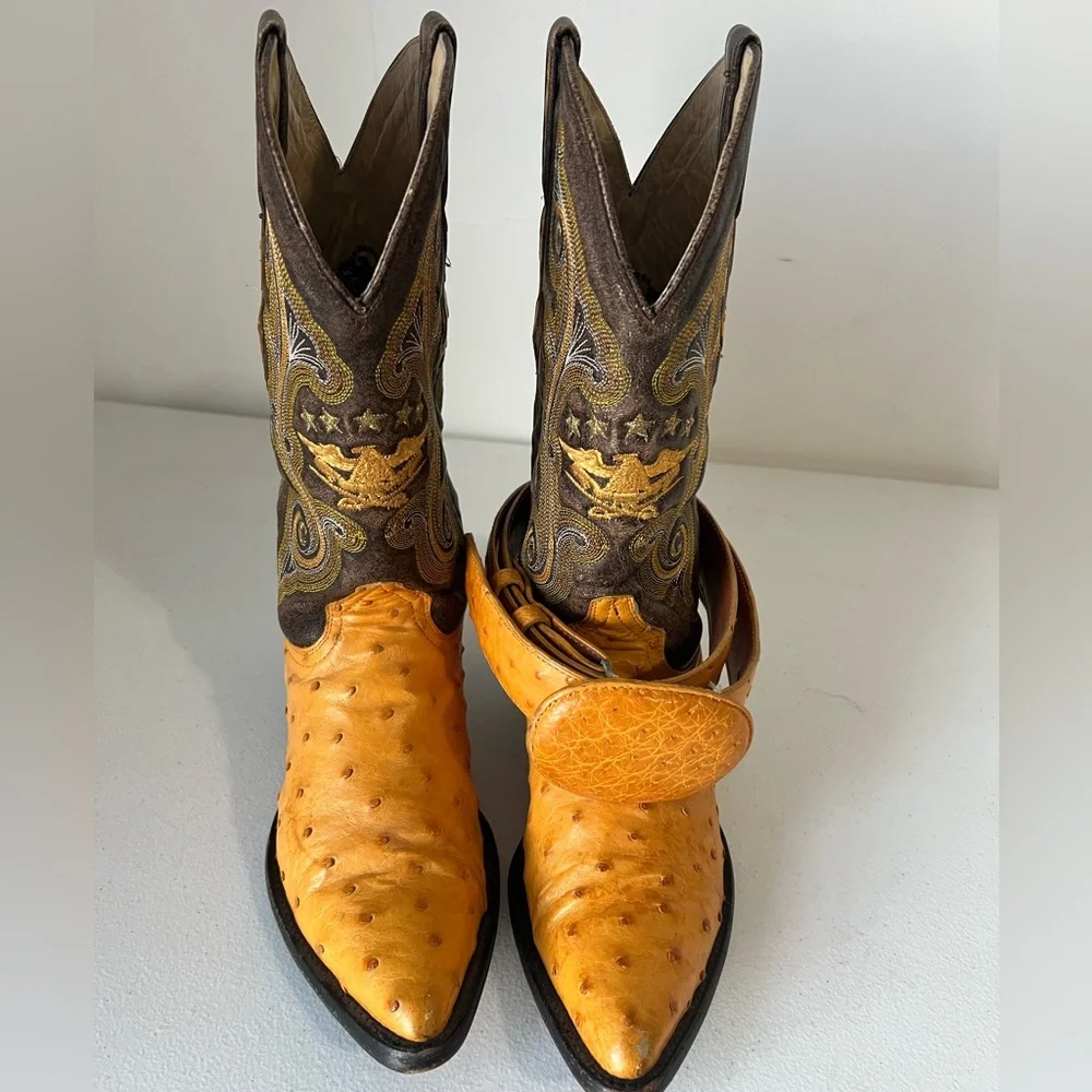El General Genuine Ostrich Size 8.5 Boots + Matching Belt Wester Cowboy Men’s